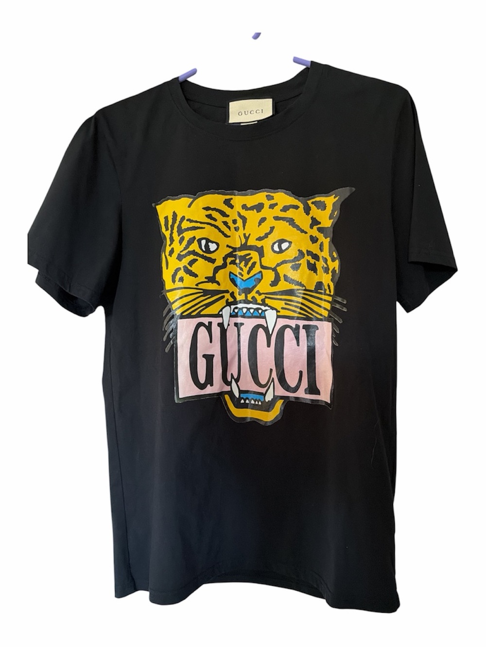 Gucci Black Tee with Yellow Leopard and Pink Logo